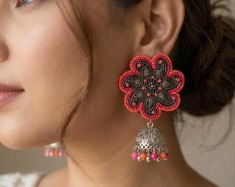 Afghanische Pink Orange Ohrringe, Boho Indische Chandbalis, Silber antike Ghungroo Ohrringe, Vintage Jhumkas, Eid Diwali Geschenk
