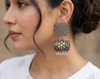 Oxidized Silver Earrings, White oxidised silver jhumkas, Indian boho antique jhumkis, diwali gift, eid outfit, vintage jewelry