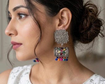 Oxidized Silver Earrings, Multicolored oxidised silver jhumkas, Indian boho antique jhumkis, diwali gift, eid outfit, vintage jewelry
