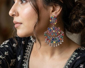 Afghani Multicolored Earrings, boho Indian jewelry, silver antique ghungroo earrings, vintage jhumkas, Eid Diwali gift