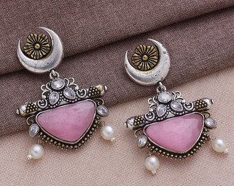 Pastel Pink Dual Tone Oxidized Earrings Pakistani Outfit Jewelry Indian Chandbalis Silver Lookalike Antique Jewellery Afghani Boho Outfit