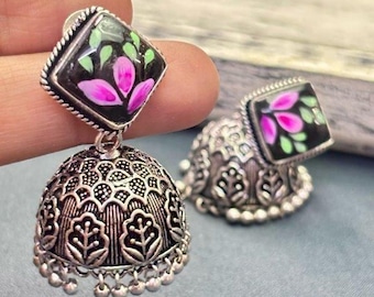 GAGAN Black Handpainted Jhumkas Earrings, Meenakari silver earrings, Indian oxidized handmade jewelry, silver brass jhumkis