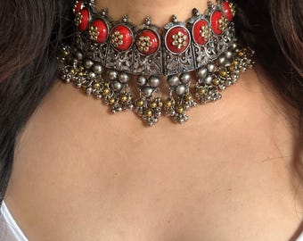 RIVA Oxidized Silver Choker Set with earrings, dual tone red necklace set, silver gold boho jewelry, gift for her Afghani oxidised jewelry