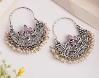 Pink Silver Peacock Hoop Chandbali Earrings / oxidized desi jewelry , boho navratri outfit look , Diwali attire , Indian wedding bollywood
