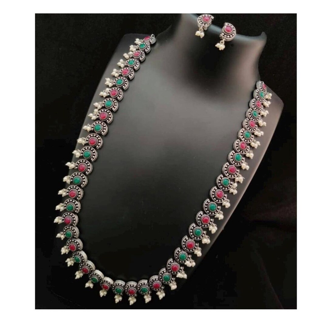 Ruby Greenstone Long Ruby Green Stone Necklace in Silver Tone / Maala Necklace, Indian ...