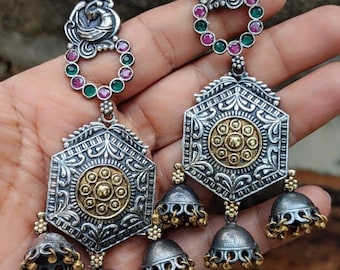 Dual Tone Antique Dangler Fusion Earrings, silver gold chandbalis, oxidised jewellery, handmade boho long earrings, Indian jhumkas