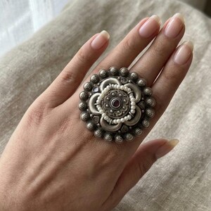 Antique Oversized Oxidized ring, adjustable silver tone ring, oxidised ring with ruby stone, silver replica, brass jewelry