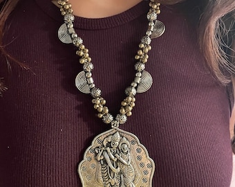 Long Silver Dual Tone Antique Necklace, Krishna Radha Hindu Deity Statement oxidised indian jewelry, boho outfit golden Oxidized jewellery
