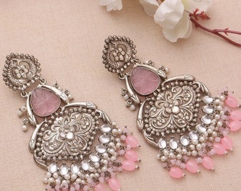 Light Pink Antique Silver Handmade Statement Earrings / Indian Chandbalis / Pakistani Wedding / Navratri function jewellery diwali Jhumkas