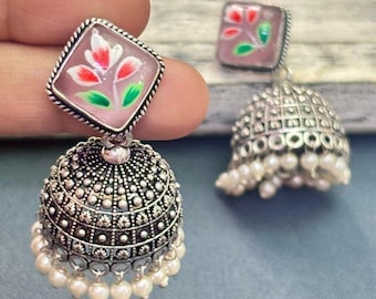 GAGAN Pink Handpainted Jhumkas Earrings, Meenakari silver earrings, Indian oxidized handmade jewelry, silver brass jhumkis