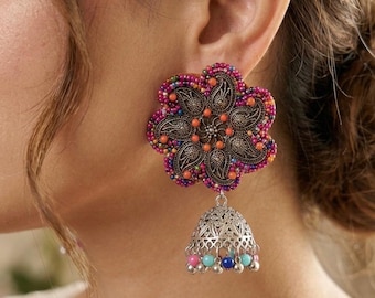 Afghani Multicolored Silver Earrings, boho Indian Jhumkis, silver antique ghungroo earrings, vintage jhumkas, Eid Diwali gift