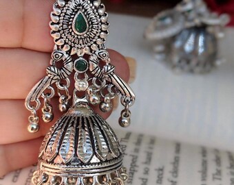 Green stone silver Afghani jhumka earrings, oxidized antique jhumkas, peacock design Indian unique jewelry, Eid gift, jhumkis
