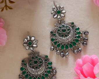 Dark Green Silver Earrings Ghungroos Oxidised Brass Antique chandbalis / Indian traditional jewellery, Ethnic jhumkas jhumkis, lightweight