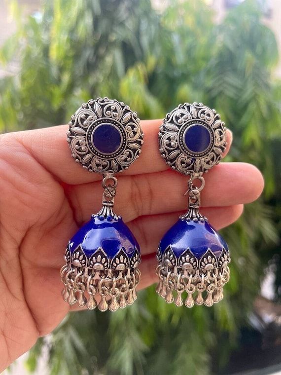 Afghani Navy Blue Handpainted Jhumkas Oxidized Earrings Silver