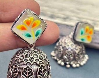 GAGAN White Handpainted Jhumkas Earrings, Meenakari silver earrings, Indian oxidized handmade jewelry, silver brass jhumkis