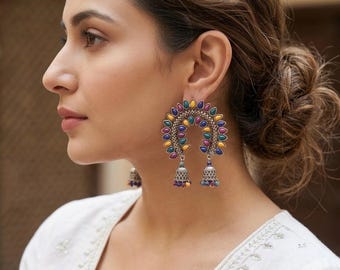 Boho veelkleurige Afghaanse jhumka-oorbellen, boho Indiase sieraden, zilveren antieke ghungoo-oorbellen, vintage jhumka's, Eid Diwali-cadeau