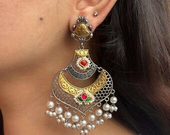 Dual Tone Antique Dangler Fusion earrings with Pachi Kundan, silver gold Chandbalis, Indian boho jewelry, German silver oxidized chandbali
