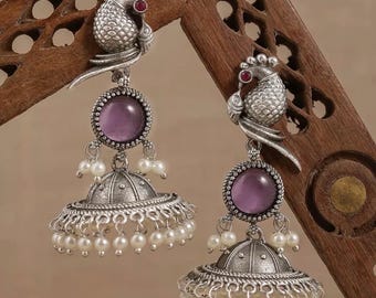 Purple Stone Bird Earrings Silver Replica Jhumkas / silver statement danglers Pakistani jewellery, Indian wedding jewelry jhumkis Eid Brass