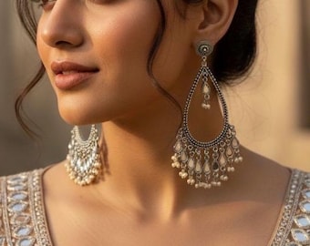 FAIZA Antique Silver Earrings, long German silver danglers, oxidized Indian earrings, afghani handmade jewelry, oxidised unique