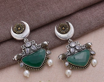 Dark Green Dual Tone Oxidized Earrings Pakistani Outfit Jewelry Indian Chandbalis Silver Lookalike Antique Jewellery Afghani Boho Outfit