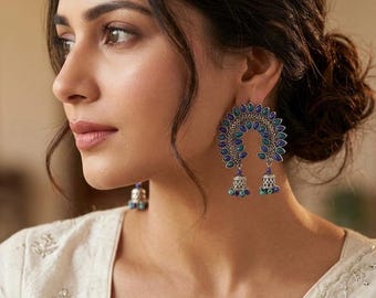 Boho Blue Silver Afghani Jhumka Earrings, boho Indian jewelry, silver antique ghungroo earrings, vintage jhumkas, Eid Diwali gift