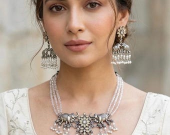 Silver White Elephant Motif Necklace Set, oxidized silver boho jewelry, antique brass oxidised, eid outfit, Diwali jewelry
