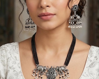 Silver Black Elephant Motif Necklace Set, oxidized silver boho jewelry, antique brass oxidised, eid outfit, Diwali jewelry