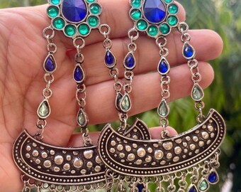 Blue silver Afghani oxidized earrings Chandbalis, silver antique kurti outfit jewelry / Indian jhumkis diwali party Pakistani