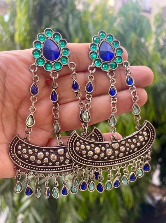 Blue Silver Afghani Oxidized Earrings Chandbalis, Silver Antique