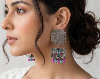 Oxidized Silver Earrings, Pink green oxidised silver jhumkas, Indian boho antique jhumkis, diwali gift, eid outfit, vintage jewelry