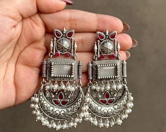 Mini Version - White Ruby Earrings Silver Replica Chandbalis / statement danglers Pakistani jewellery, Indian wedding jewelry brass