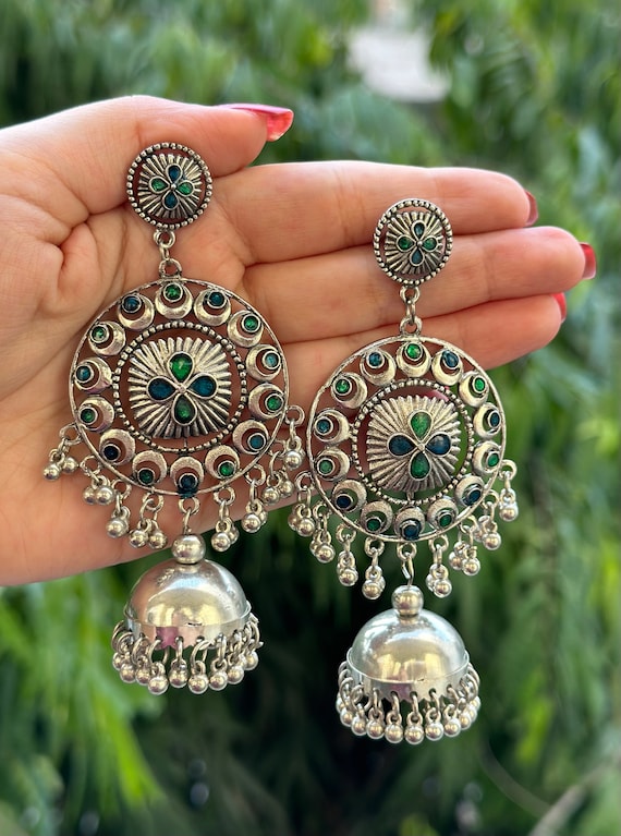 Afghani Oxidized Silver Jhumkas Blue Green Stone Earrings Silver