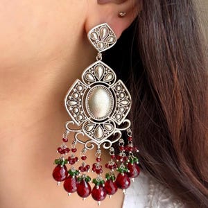 Ruby Red & Green Silver Long Earrings, Oxidised Brass Antique chandbalis / Indian traditional jewellery, Ethnic jhumkas jhumkis, Afghani