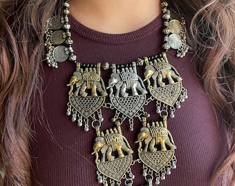 Elephant Motif Long Silver Gold Dual Tone Antique Necklace, Statement oxidised indian jewelry, boho vintage outfit golden Oxidized jewellery