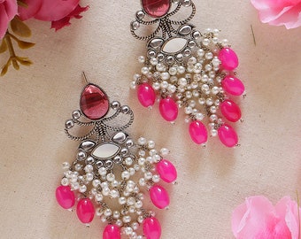 Hot Pink Silver Lookalike Earrings High Quality Brass Jewelry White Pearls Lightweight Oxidised Jhumkas Indian Jewellery Pakistani Outfit