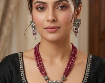 Silver Ruby Pendant Necklace Set, oxidized silver boho jewelry, antique brass oxidised, eid outfit, Diwali jewelry
