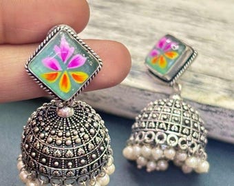 GAGAN Sky Blue Handpainted Jhumkas Earrings, Meenakari silver earrings, Indian oxidized handmade jewelry, silver brass jhumkis