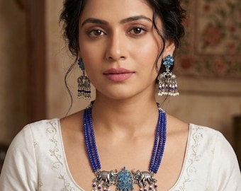 Silver Purple Elephant Motif Necklace Set, oxidized silver boho jewelry, antique brass oxidised, eid outfit, Diwali jewelry