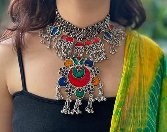 Multicoloured boho choker necklace / afghani traditional jewelry, oxidized silver choker Indian festival jewellery, diwali party outfit