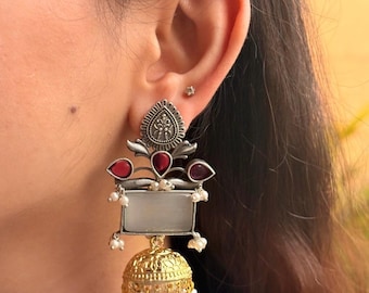 Alia Bhatt inspired White Gold Silver Jhumka Earrings / Dual tone jhumkis, oxidized jewelry, Indian jhumkas, Diwali gift