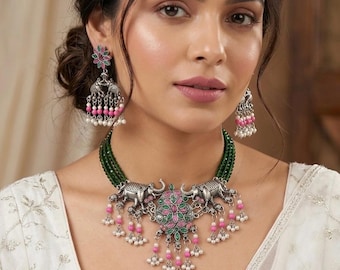 Silver Green Pink Elephant Motif Necklace Set, oxidized silver boho jewelry, antique brass oxidised, eid outfit, Diwali jewelry