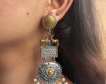 Dual Tone Antique Dangler Fusion earrings, silver gold Chandbalis, Indian boho jewelry, German silver oxidized chandbali