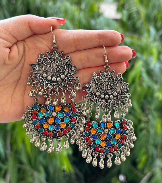 Silver oxidized chandbali earrings big chandbalis multicolored Indian boho jewelry lightweight Pakistani outfit jewellery tribal look