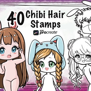 Chibi hair stamps for procreate, Chibi features procreate, Anime brush set procreate, Procreate hair brushes