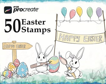 Easter stamps for procreate, Easter egg brushes, Easter stamp set brush, Cute rabbit drawing guides, Bunny stamps, Spring stamp set