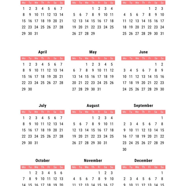 One Page Calendar Etsy