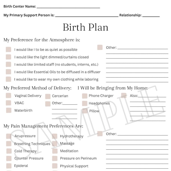 Downloadable Birth Plan for Birth Center Template  | Birth Preferences | PDF Download Birth Center