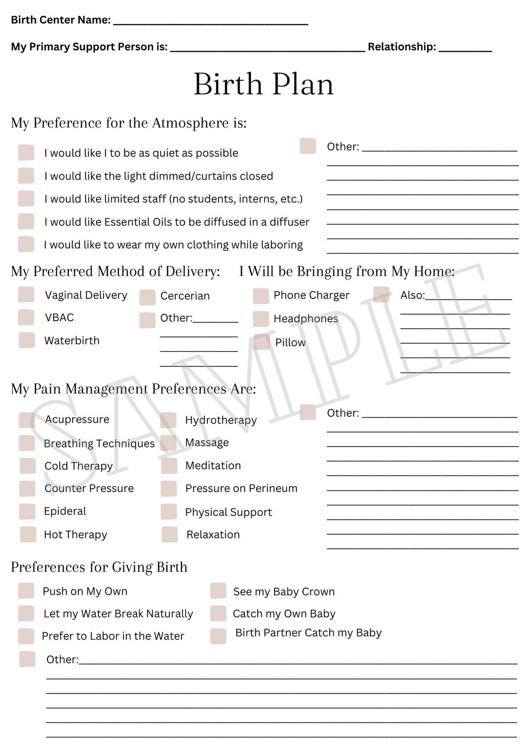 Downloadable Birth Plan for Birth Center Template Birth Preferences PDF ...