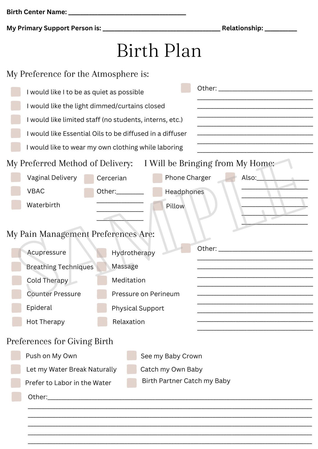 Downloadable Birth Plan for Birth Center Template Birth - Etsy