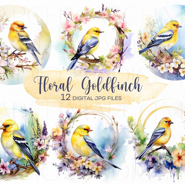 American Goldfinch Clipart, Watercolor clipart High Quality, Set of 12 Digital T-Shirts, Mugs, Digital Paper Craft, Mixed Media, Gifts